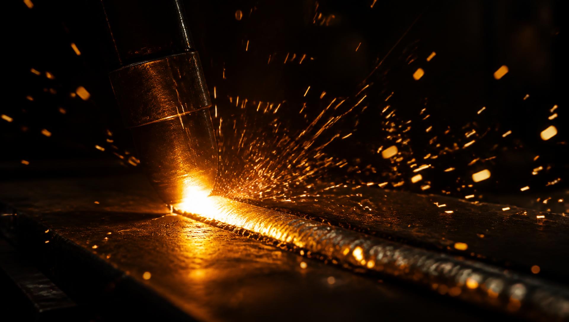 Molten weld bead throwing golden sparks in a dark workshop